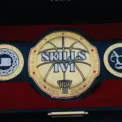 basketball championship belt with large 3D basketball centerpiece and gold-plated finish on black leather strap.