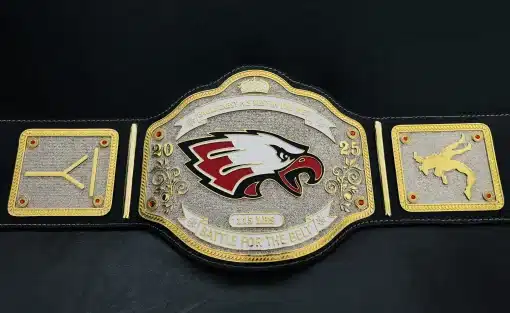 Full view of custom high school wrestling championship belt with nugget texture plates, gold border, and red crystal accents.