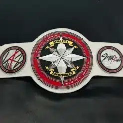 Custom championship belt for music artists featuring white leather strap and 6mm HD engraved gold and chrome plates