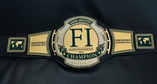Custom corporate championship belt with gold HD engraved plates and genuine leather strap for executive recognition