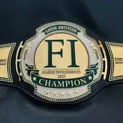 HD engraved center plate on custom corporate championship belt with company logo and champion title