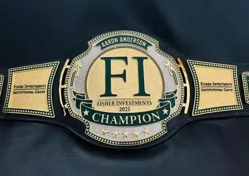 Personalized name banner engraved on luxury corporate championship belt for executive awards