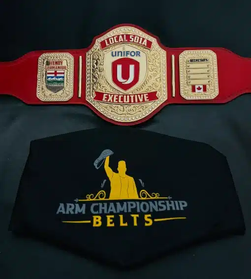 Custom executive championship belt with gold HD engraved plates and red leather strap for union leadership
