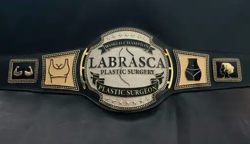 Custom professional championship belt with HD engraved gold plates and leather strap