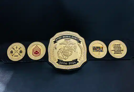 Marine Corps Retirement Award Championship Belt personalized with rank and service details