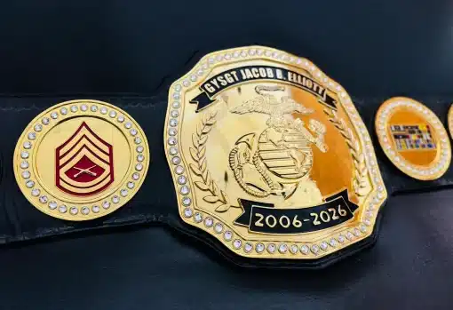 Custom USMC Retirement Belt designed for military retirement ceremony presentation